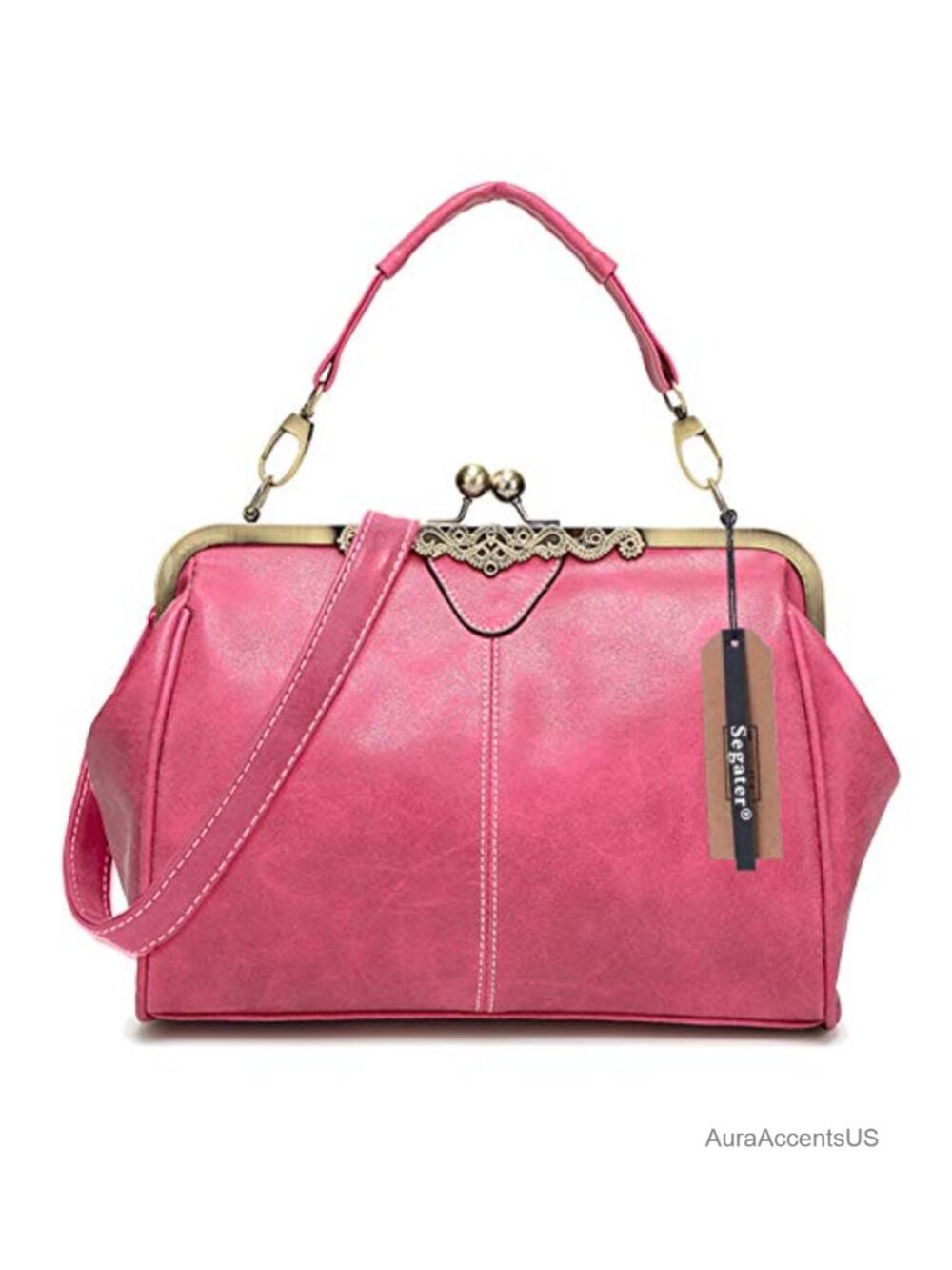 Vintage Kiss Lock Crossbody Purse Tote Bag Faux Leather with Detachable Handle